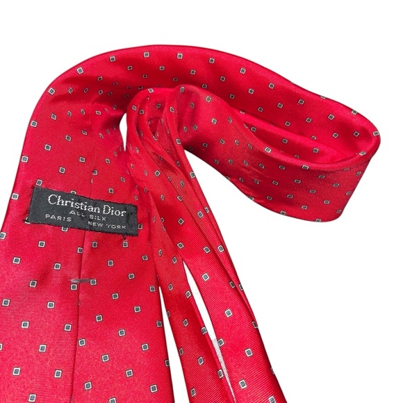 Christian Dior silk tie red geometric squares necktie - Picture 4 of 4